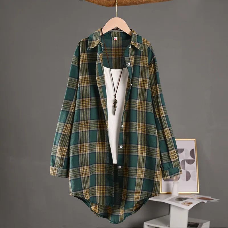 Women's Lightweight Cotton Linen Plaid Shirt Mid-Length Loose Jacket with Sun Protection for Spring and Summer Outerwear