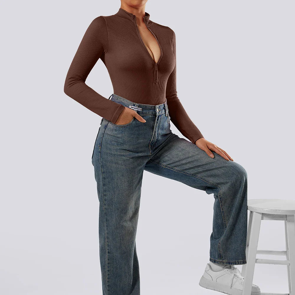 Bodycon Slim Fit Zipper Jumpsuit for Women Casual Brown Fitness Romper Streetwear Playsuit Overall