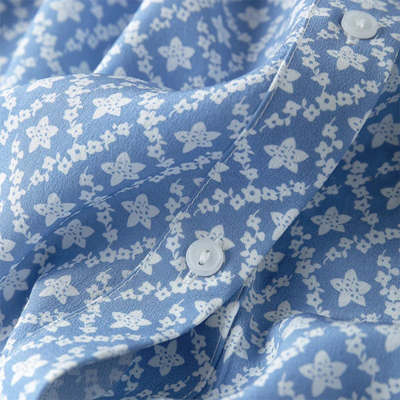 Silk Midi Dress For Women Blue Floral Ruffles V Neck