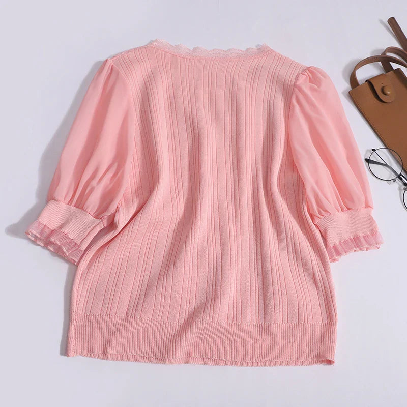 Women's Spring Summer Chiffon Short Sleeve Top Vintage V Neck Lace Trim Pearl Button Blouse Ribbed Elastic Waist Pleated Casual Office Shirt