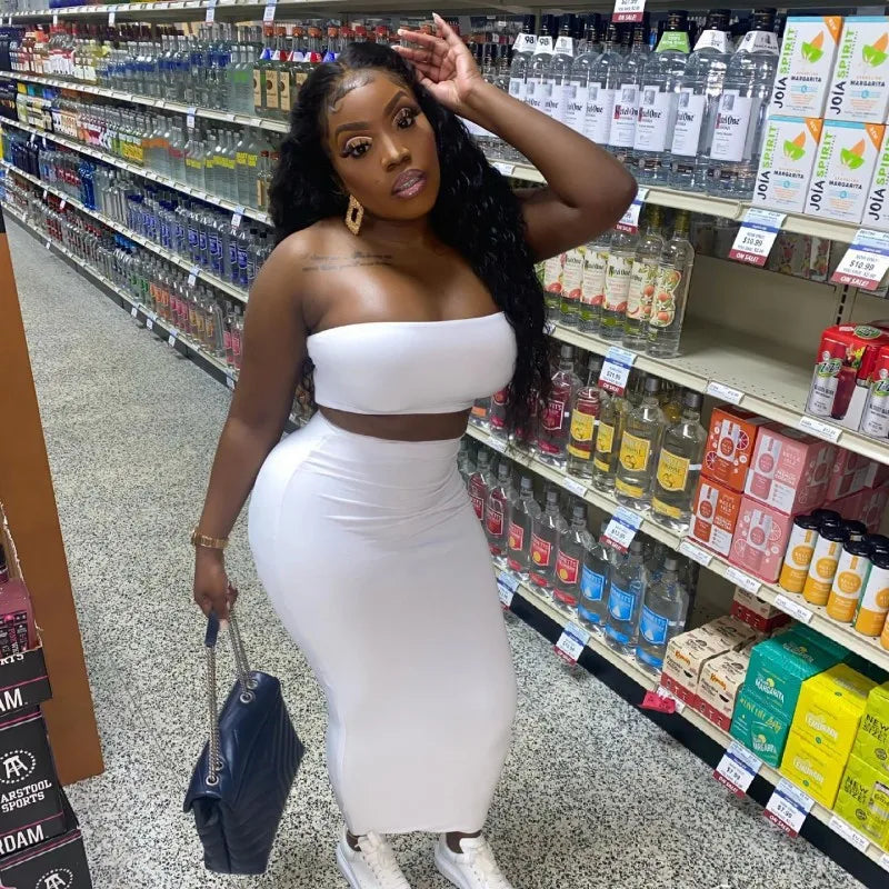 Solid Color Sleeveless Tube Top with High Waist Slim Long Skirt Set for Women Summer Chic Fashion