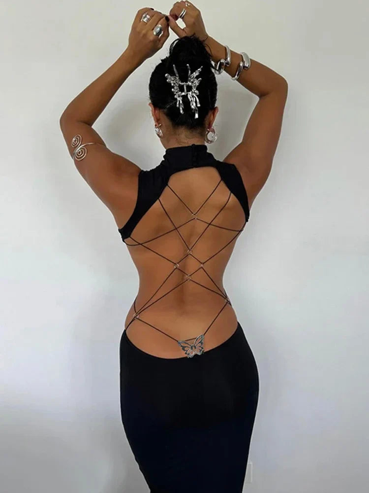 Backless Butterfly Bodycon Maxi Dress for Party Evening