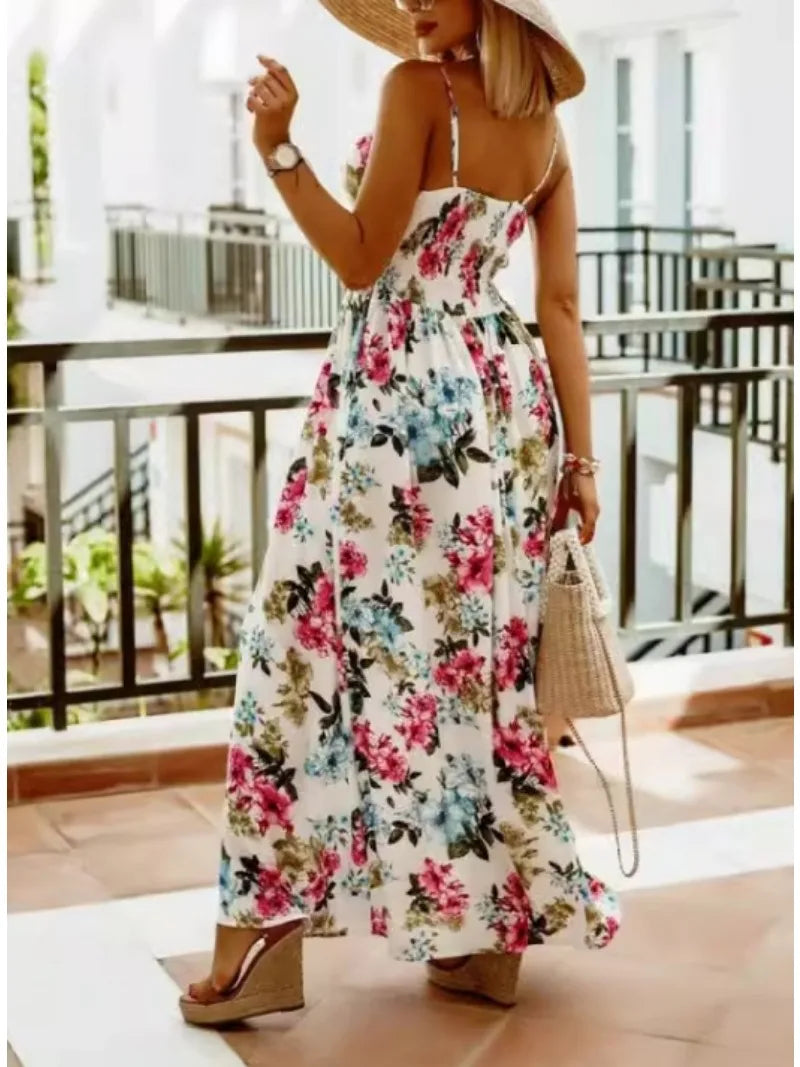 Bohemian Floral Chiffon Summer Dress With V Neckline