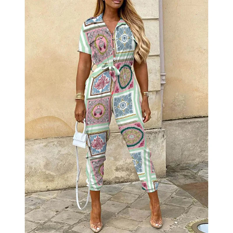 Summer Casual Women's Jumpsuit with Lapel Collar Printed Waistband and Stylish Buckle Detail