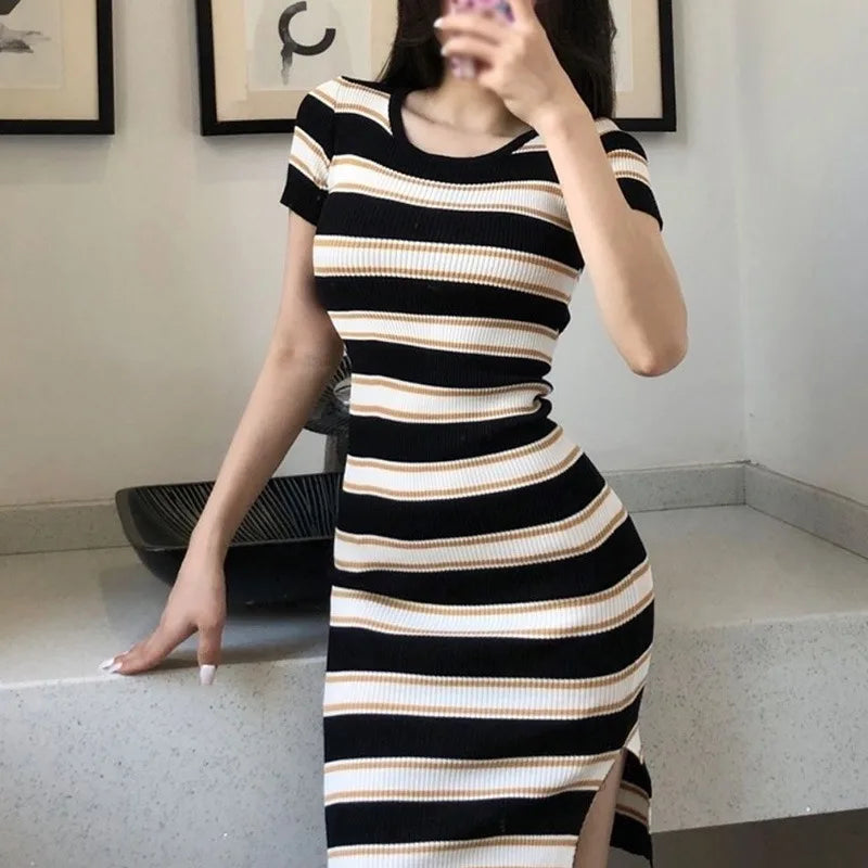 Striped Knit Dress Wrapped Short Hip With Front Slit
