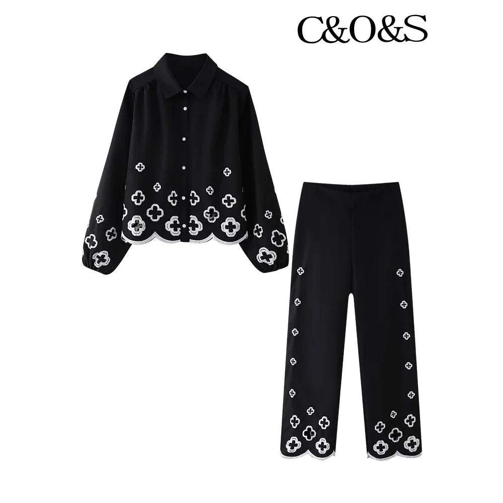 Floral Print Long Sleeve Shirt and High Waisted Trousers Fashion Set