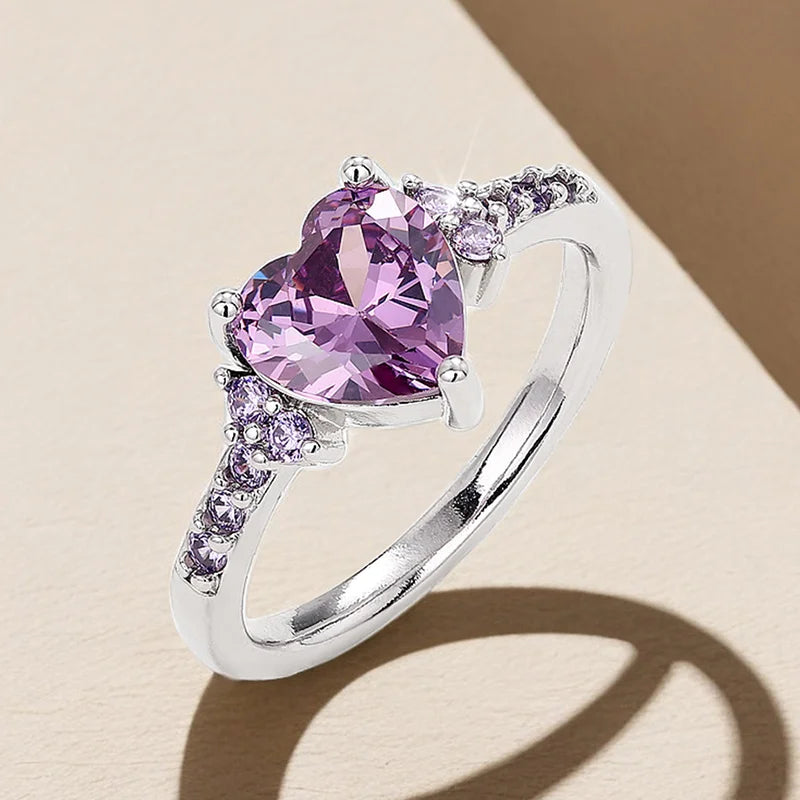 Purple Heart Cubic Zirconia Engagement Ring for Women Unique Wedding Jewelry Romantic Gift