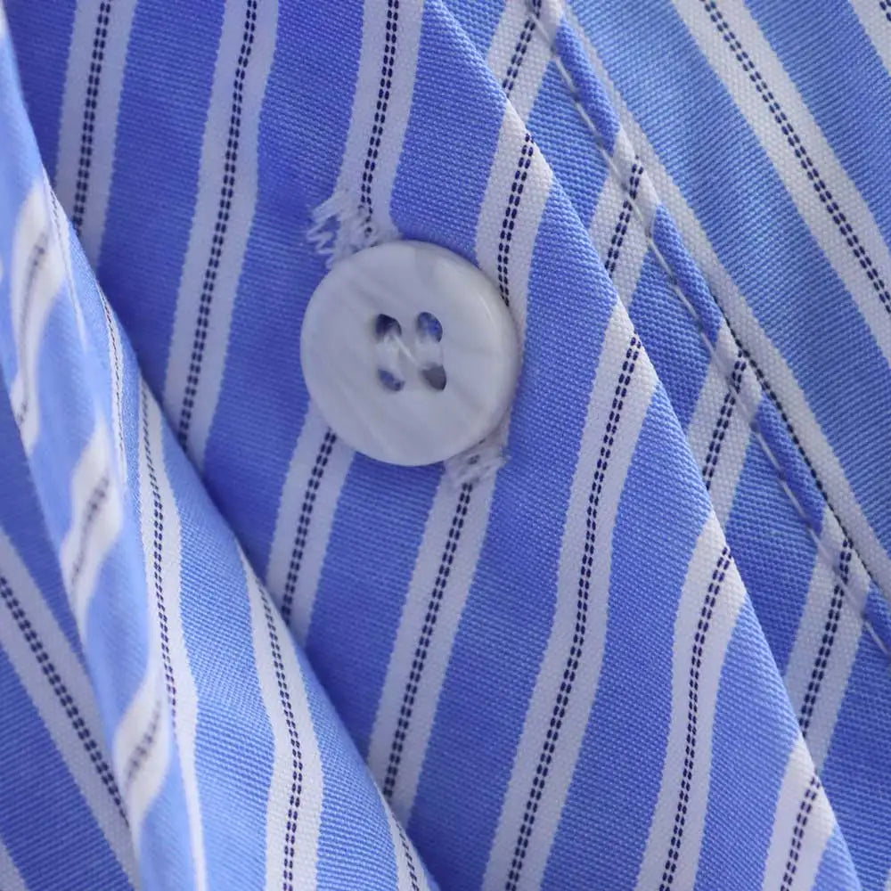 Women's Chic Striped Crop Shirt Long Sleeve Button-Up Blouse with Pockets Casual Fashion Top