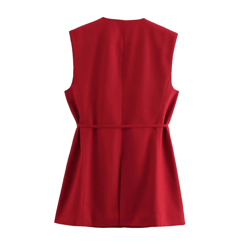 Women's Casual Black Sleeveless Split Design Vest Pants Set with Belt for Autumn Commuting