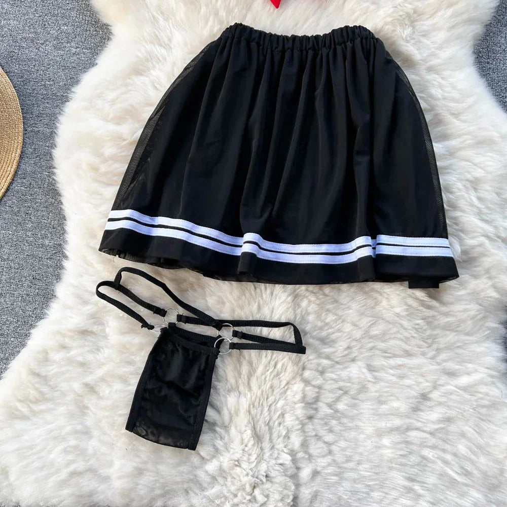 Kawaii Japanese Sailor Girl Cosplay Uniform Set Sexy Short Sleeve Crop Top with Bow and Elastic Waist Striped Mini Skirt