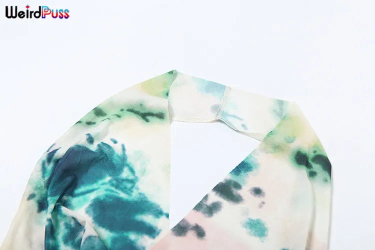 Backless Halter Bandage Tank Top and Mesh Ruffles Tie-Dye Skirt Two-Piece Summer Set for Women