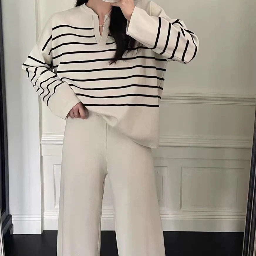 Women's Winter Sweater Set with Stripe Knit Pullover and Wide Leg Pants for Casual Elegance
