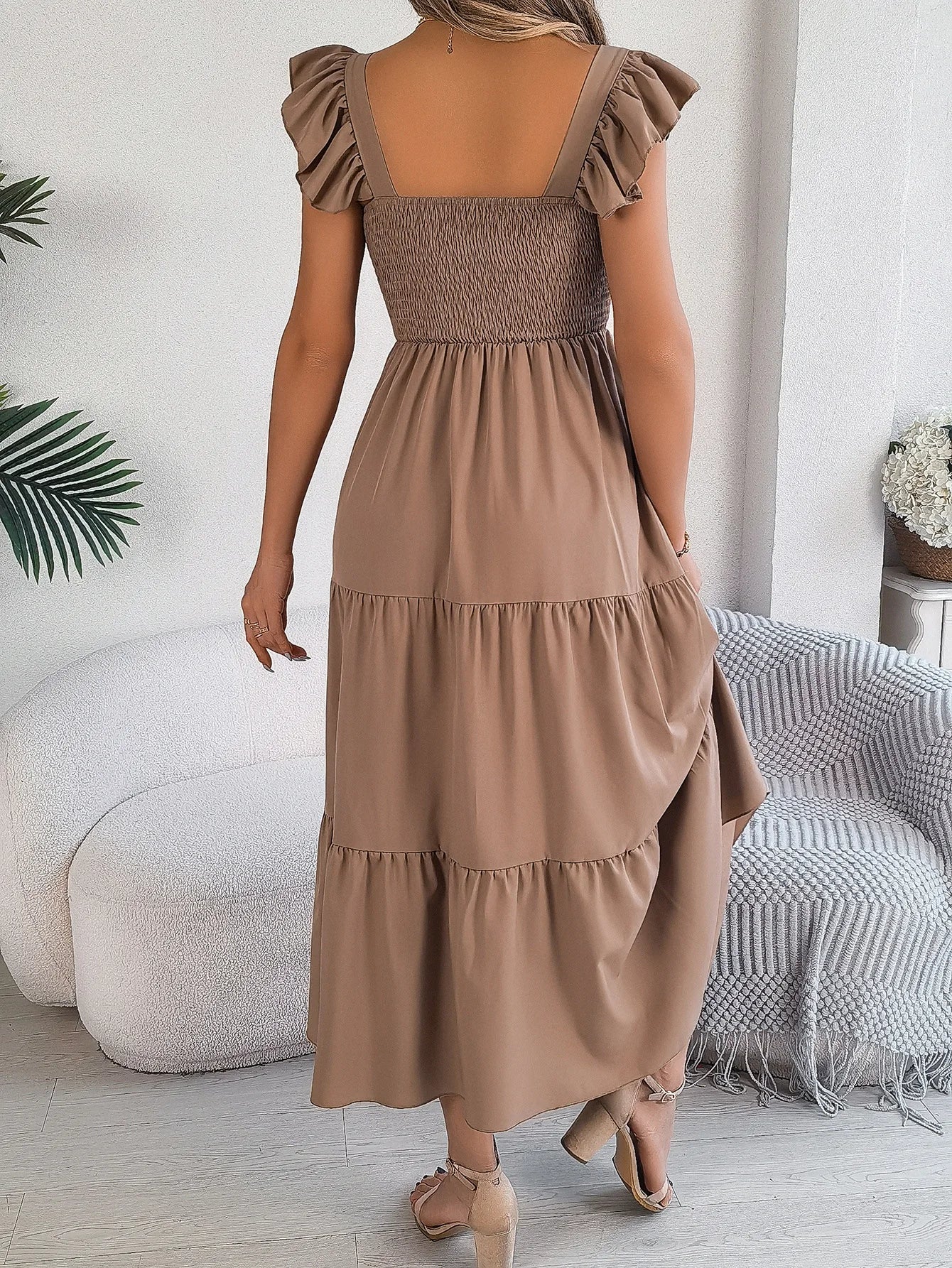Square Neck Maxi Dress for Women Solid Summer Color