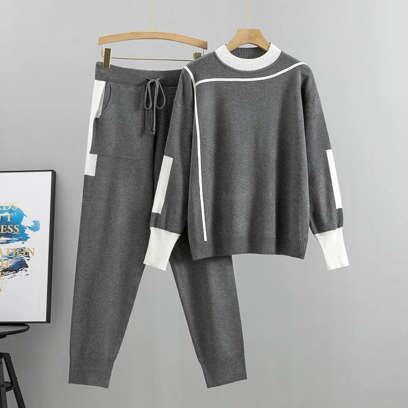 Knitted Casual Two Piece Set for Women Featuring Long Sleeve Pullover Sweater and Stylish Pants Suit