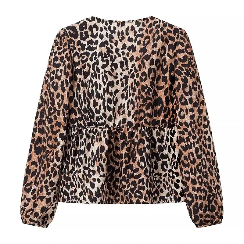 Women's Leopard Print Lace-Up Vintage Blouse Casual Loose Fit Y2K Chic Shirt