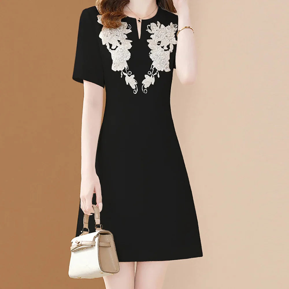 White Floral Embroidery A-Line Dress Short Sleeve Chic