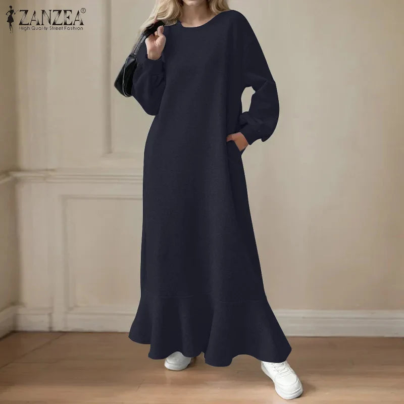 Autumn Boho Long Sleeve Sweatshirt Maxi Dress With Pockets