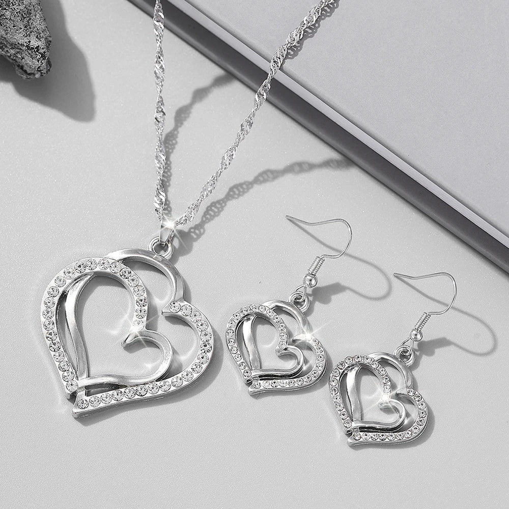Heart Shaped Jewelry Set for Women Featuring Exquisite Earrings, Pendant, and Necklace with Rhinestone Accents