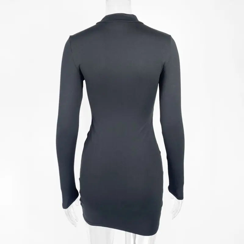 Black Bodycon Mini Dress With Drawstring Ruched Long Sleeve