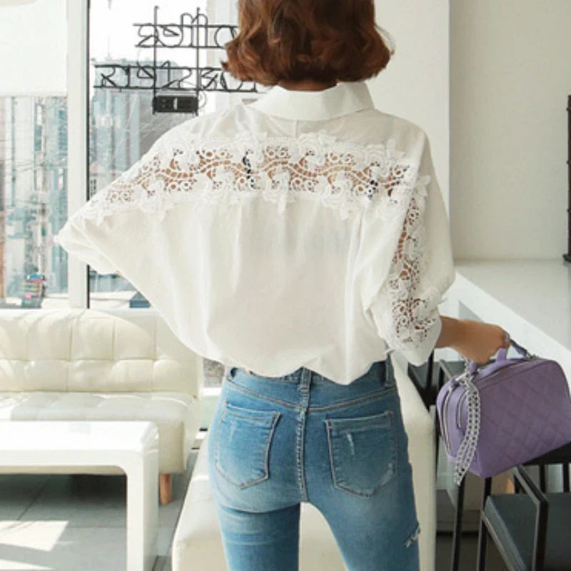 Sexy Hollow Out Lace Cotton Blouse for Women Elegant Backless Shirt Stylish Office Lady Top