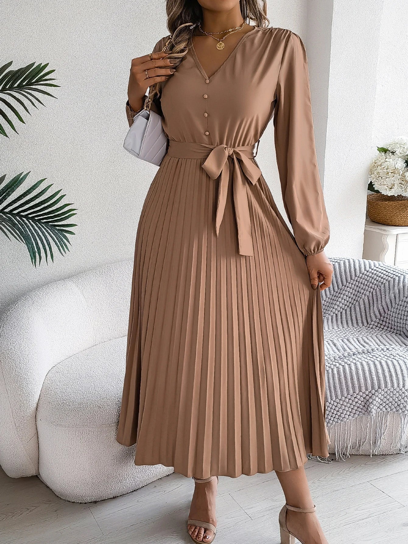 Elegant Autumn V Neck Belted Pleated Long Sleeve Dress