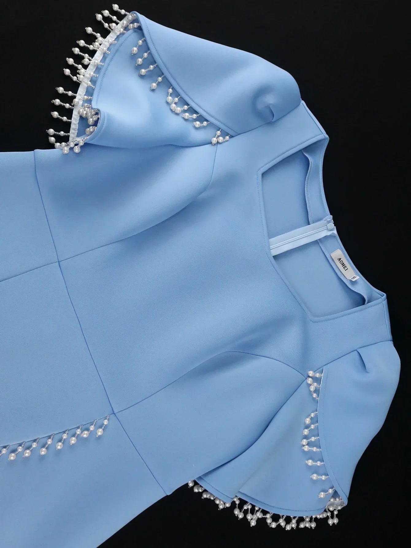 Blue Tassel Evening Gown Square Neck Beaded Patchwork Dress