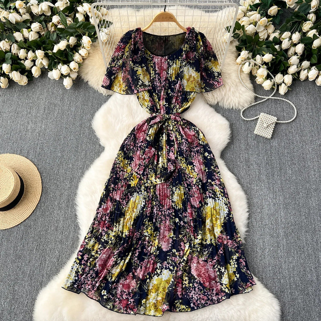 Retro Floral Chiffon Midi Dress With Ruffle Details