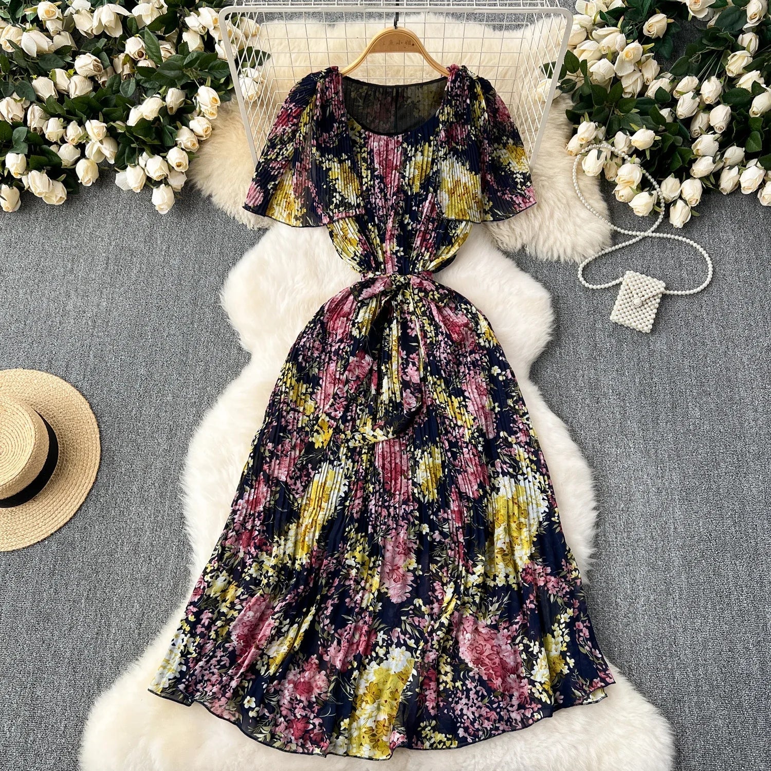 Retro Floral Chiffon Midi Dress With Ruffle Details