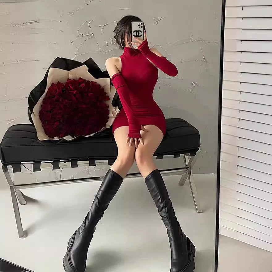 Red Bodycon Mini Dress High Neck Slim Fit Evening Party