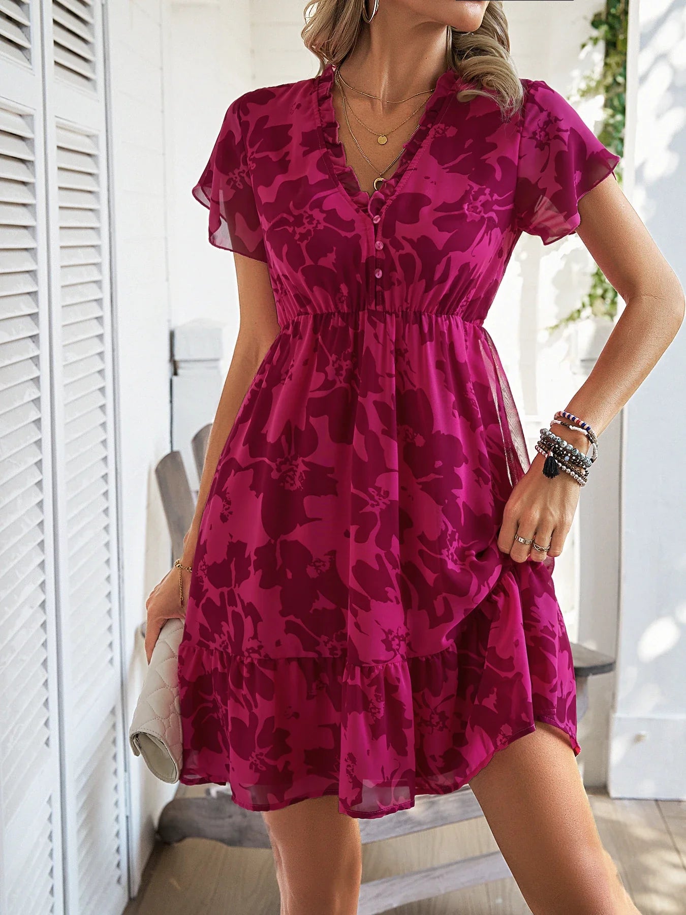 Floral Print Mini Dress V Neck Bat Sleeve Beach Cover Up