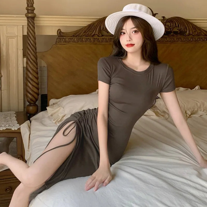 Summer Dress With Drawstring Side Slit Irregular Hem