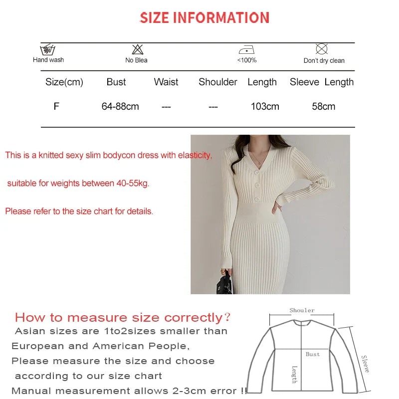 Knit V Neck Women Sweater Dress Long Sleeve Bodycon Office