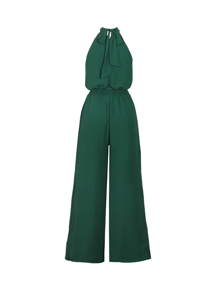 Women's Casual Solid Color Sleeveless Wide-Leg Chiffon Jumpsuit with Hanging Neck and High Waist Ankle-Length Pants for Summer
