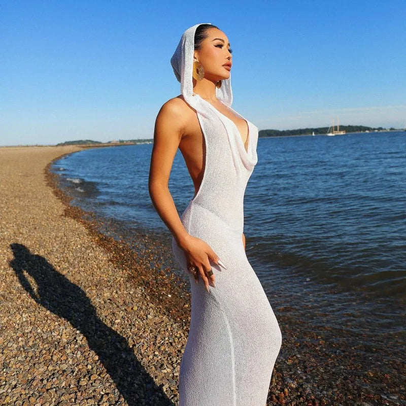 Sleeveless Hooded Dress Slimming Swing Neck Solid Color Long