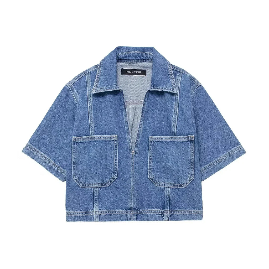 Asymmetric High Waist Denim Mini Skirt and Cropped Short Sleeve Top Two Piece Set for Women Streetwear