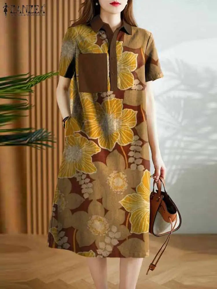 Bohemian Floral Shirt Dress For Women Vintage Short Sleeve