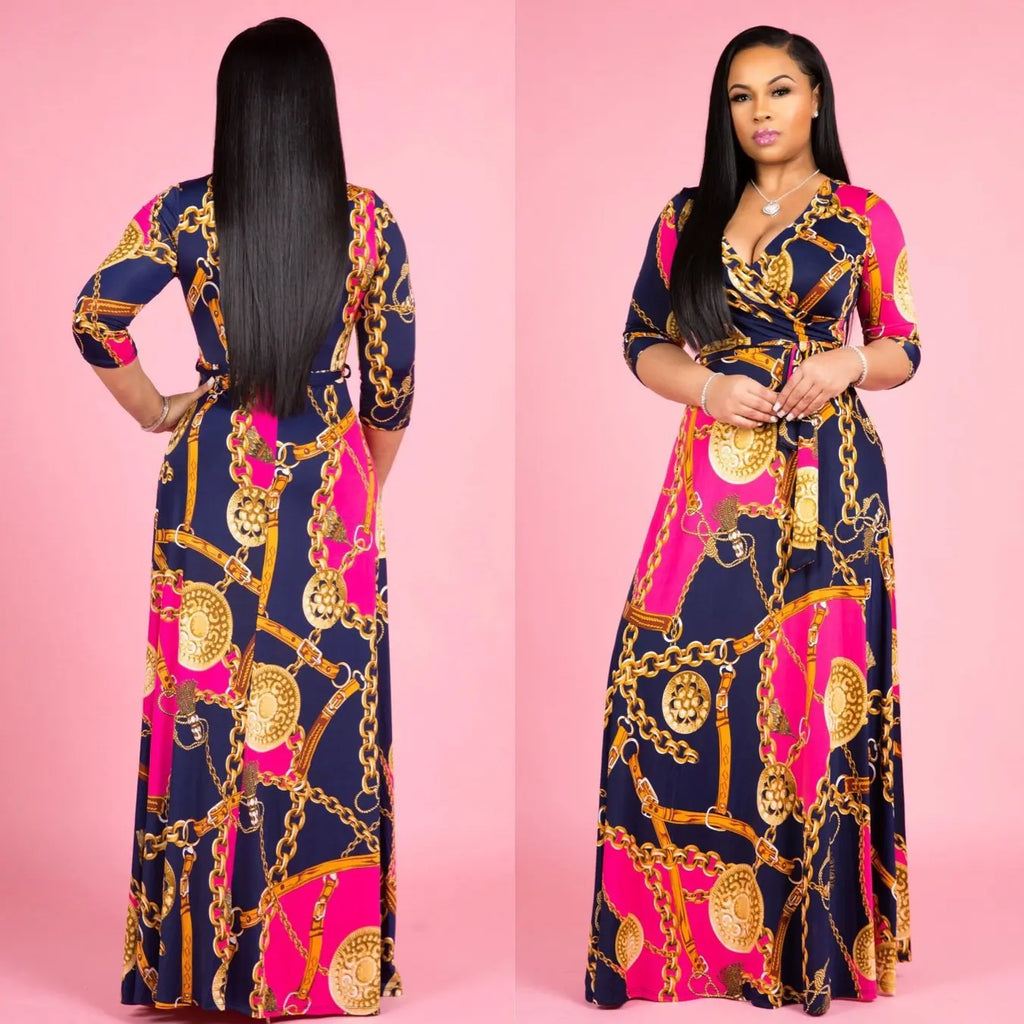 Bohemian Floral Maxi Dress With V Neck Three Quarter Sleeves