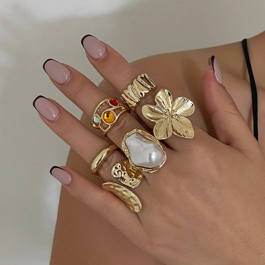 Irregular Exaggerated Metal Flower Open Rings Set for Women with Imitation Pearl Elegant Baroque Jewelry Accessories