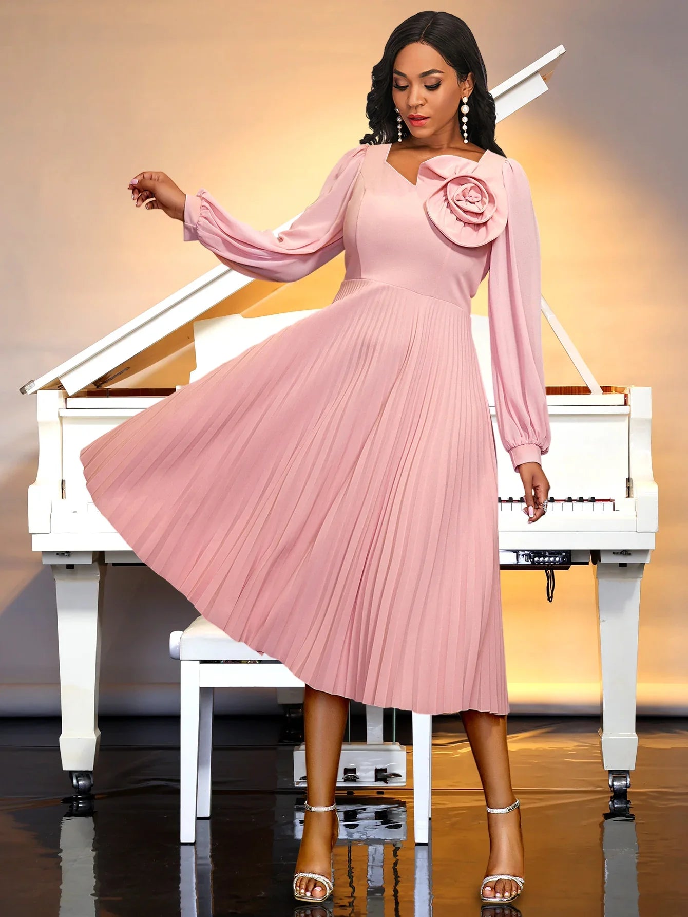 Pink Bubble Sleeve Dress 3D Flowers O Neck Pleated Maxi