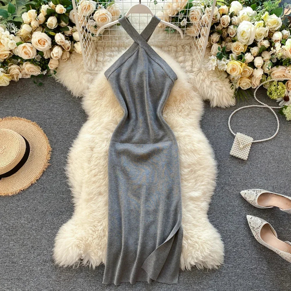 Elegant Solid Backless V Neck Knit Bodycon Dress For Women