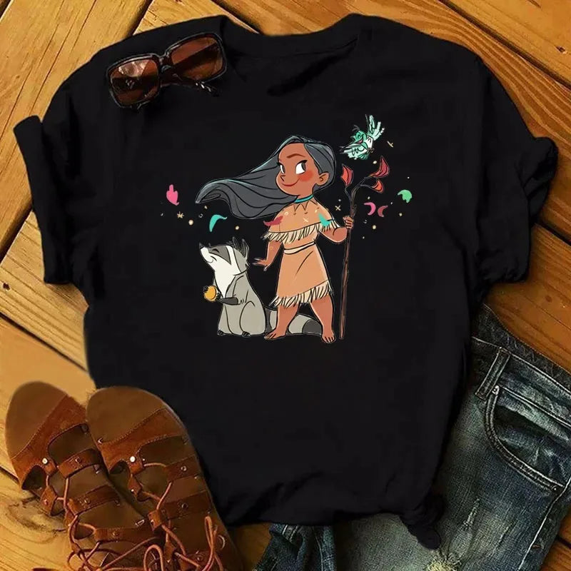 Cute Disney Princess Pattern Women's Cotton T-Shirt Short Sleeve Kawaii Graphic Tee for Casual Wear