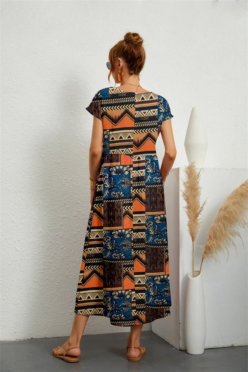 Women's Summer Casual Dress With Pockets Short Sleeve Print