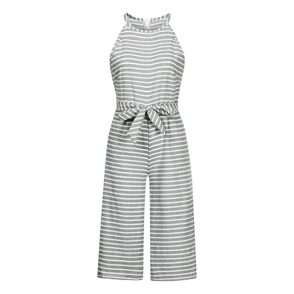 Elegant Sleeveless Striped Jumpsuit for Women Wide Leg Belted Romper Loose Fit Overalls Trousers