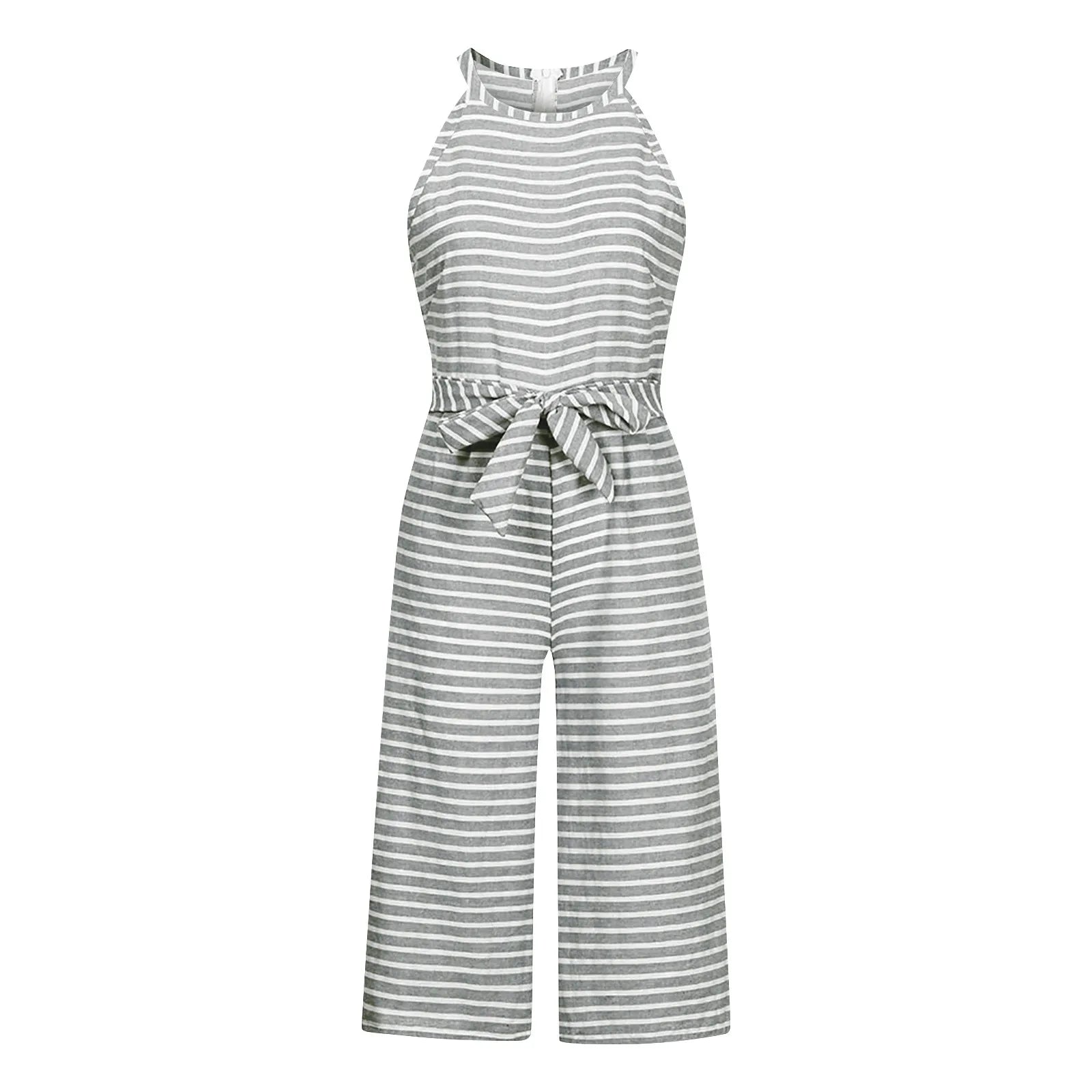 Elegant Sleeveless Striped Jumpsuit for Women Wide Leg Belted Romper Loose Fit Overalls Trousers