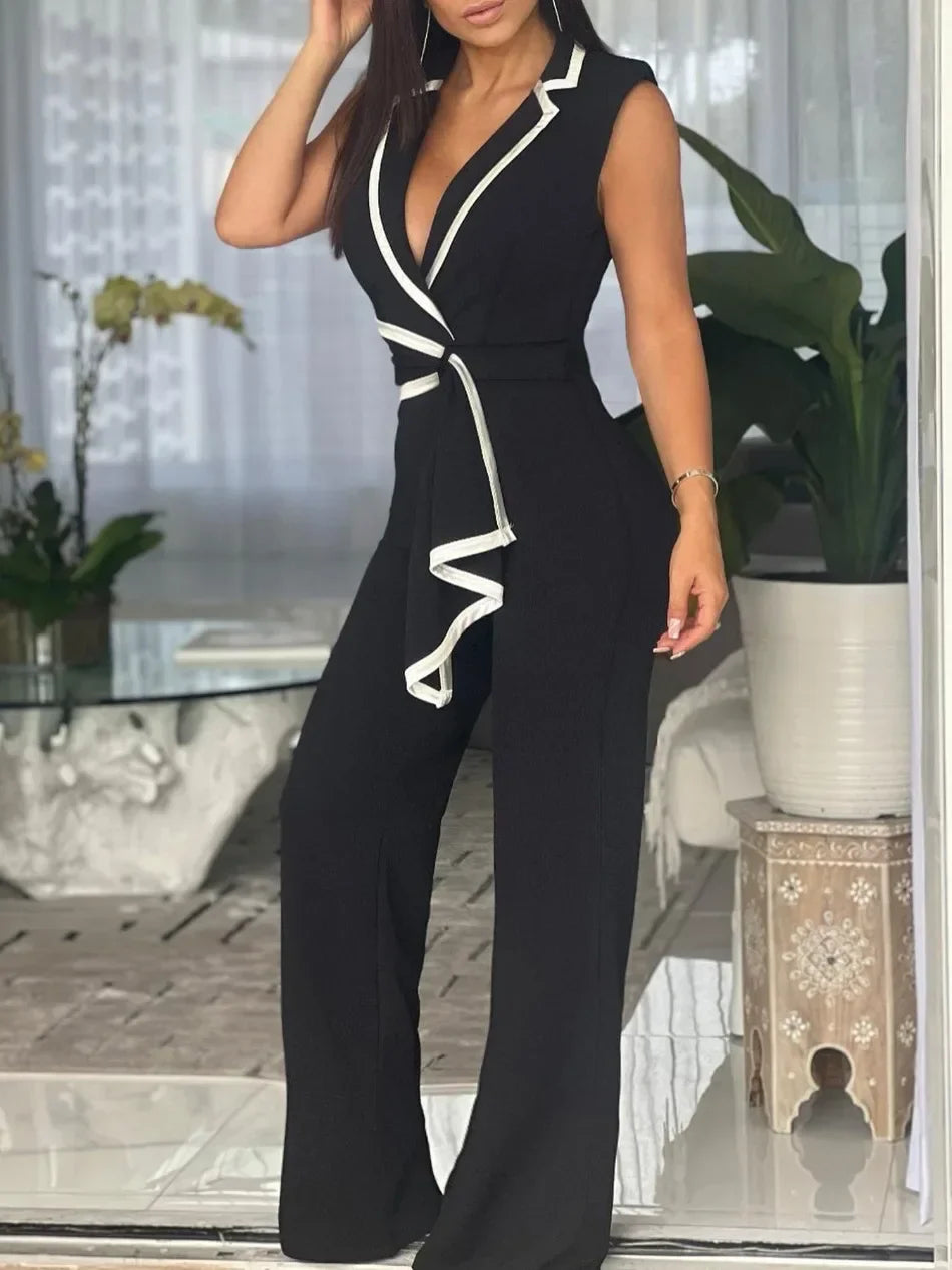 Women's Elegant Sleeveless V Neck Overalls Jumpsuit Full Length Wide Leg Pants Office Casual Summer Outfit