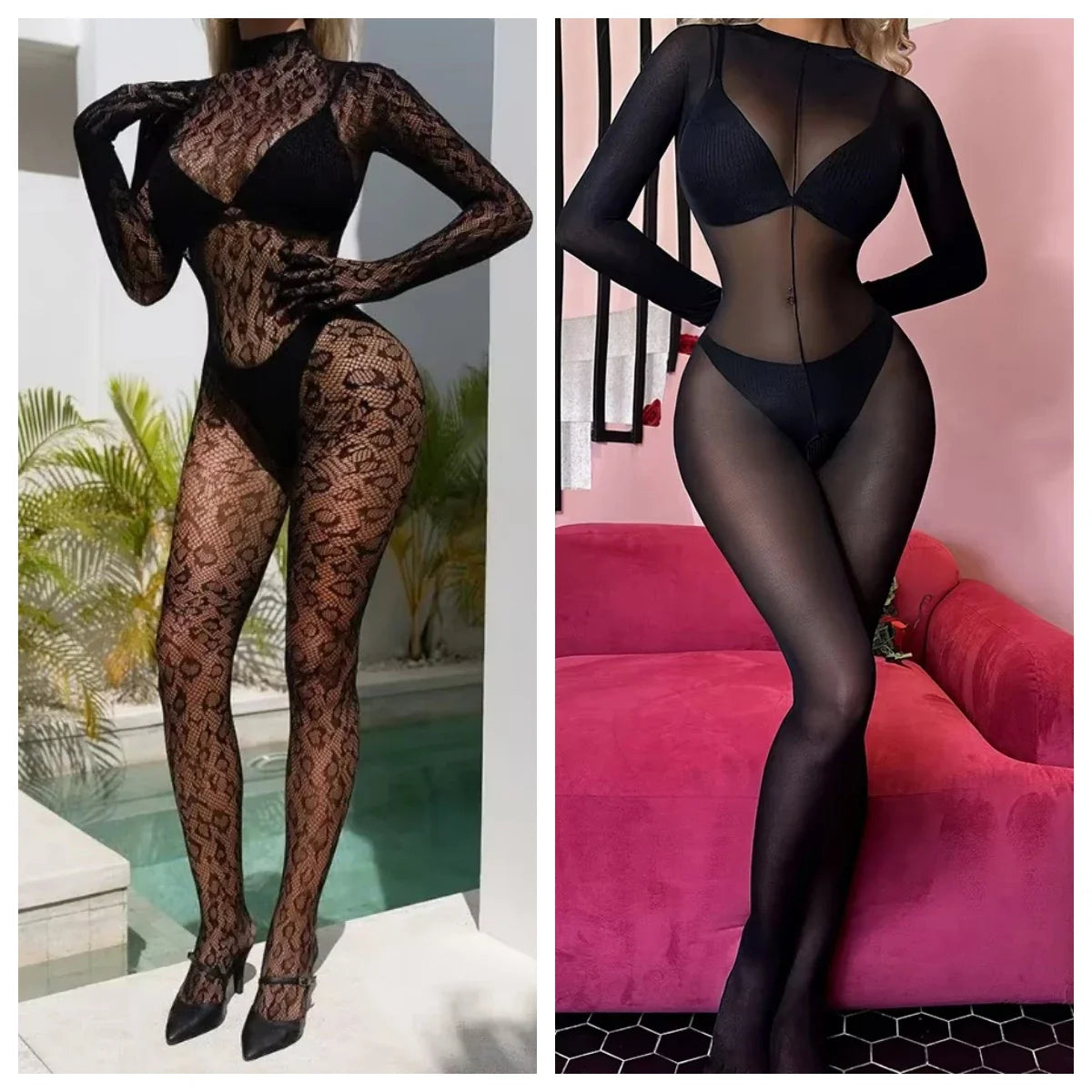 Women's Sexy Full Body Fishnet Jumpsuit Bodysuit Mesh See-Through Lingerie Bodystocking Nightwear with Long Sleeves and Stretch Fit