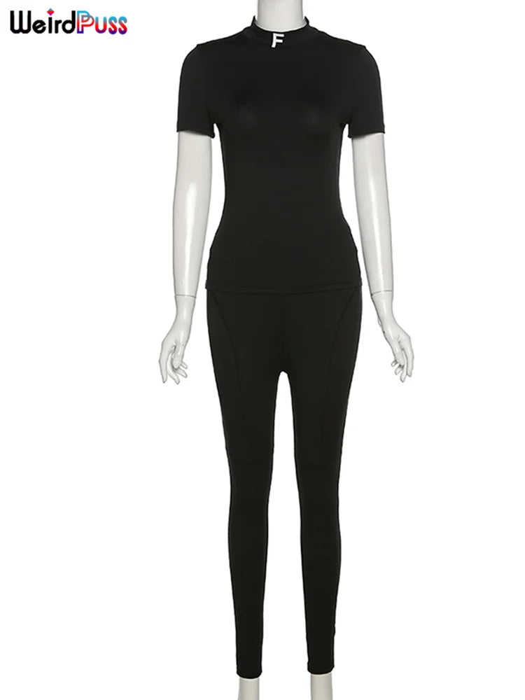 Weird Puss Letter Print Women's Tracksuit Set with Crop Top and Leggings for Stylish Streetwear