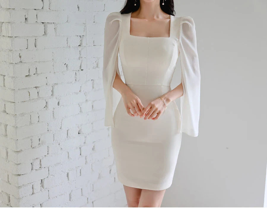 Korean White Sheath Dress With Flare Sleeves For Work