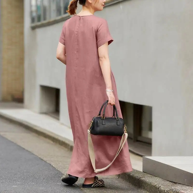 Summer Maxi Dress Women O Neck Short Sleeve Sundress A Line