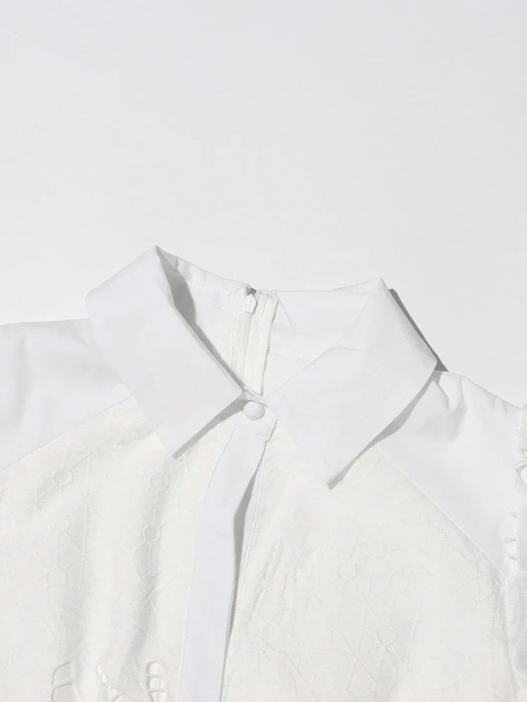 Patchwork Lace Hollow Dress Belted Lantern Sleeve For Women